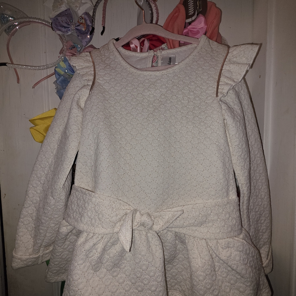 Rare Editions Cream Quilted Long-Sleeve Dress & Brown&White Legging